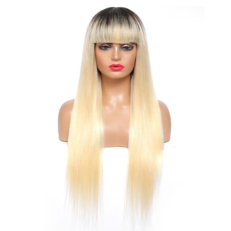 Blonde Red Piano Color Brazilian Straight Human Hair Wigs With Bangs 200% Density Full Machine Made Human Hair Wig