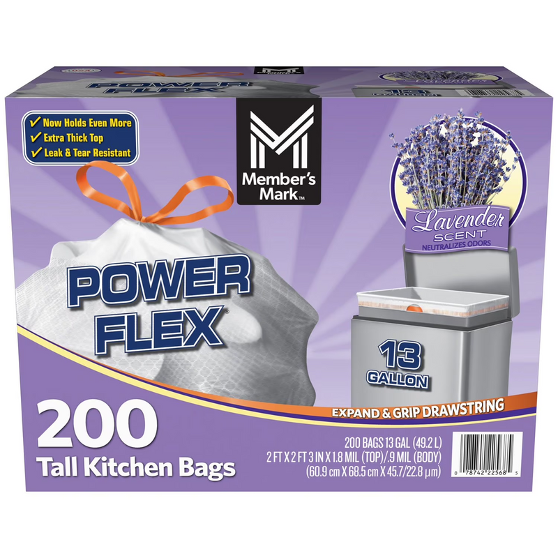 Member's Mark Power Flex 13-Gallon Tall Kitchen Trash Bags Lavender 200 ct