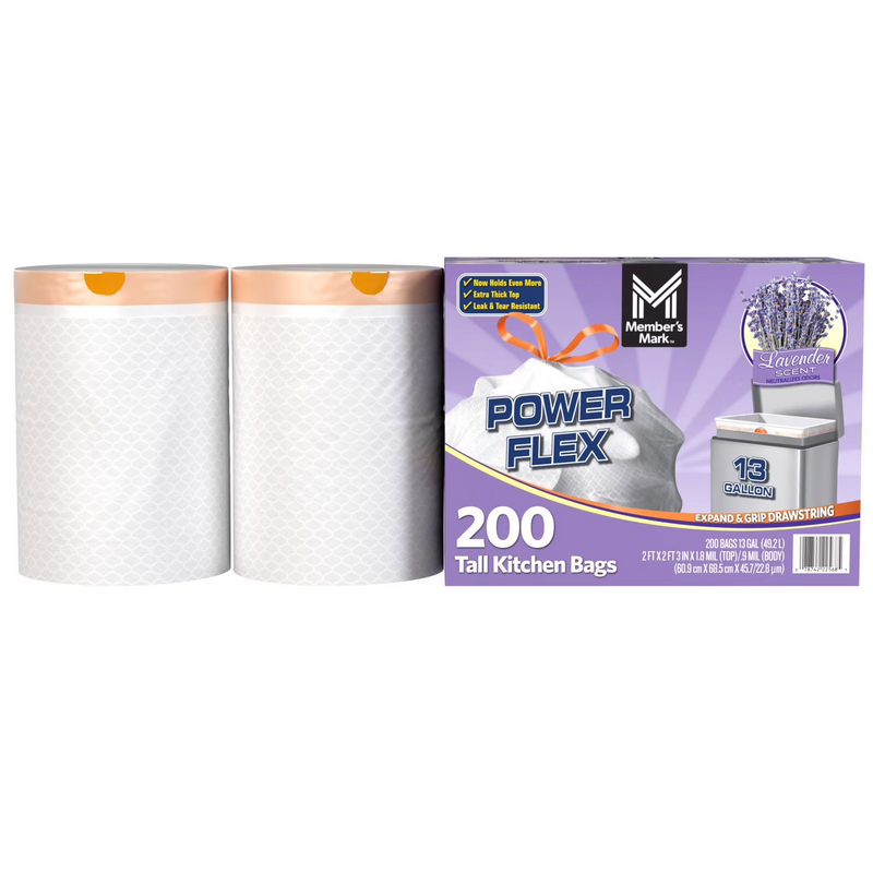 Member's Mark Power Flex 13-Gallon Tall Kitchen Trash Bags Lavender 200 ct
