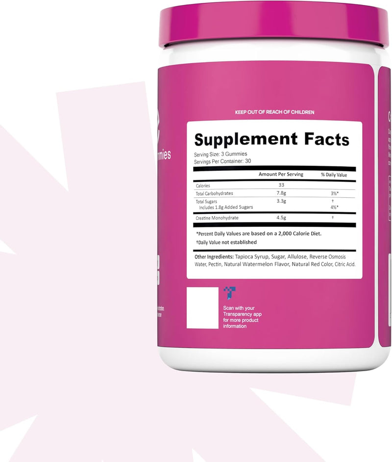 Creatine Monohydrate Gummies – Vegan, Gluten-Free, Non-GMO supplement boosting strength, focus, endurance; 1.5g creatine per gummy, watermelon flavor, 90 count