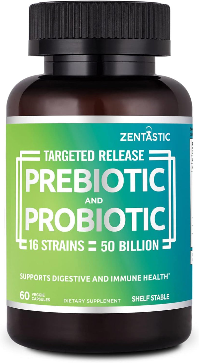 Zentastic Probiotics & Prebiotics – 50 Billion CFU, 16 Strains, Digestive & Immune Support, Shelf-Stable, 60 Veggie Capsules