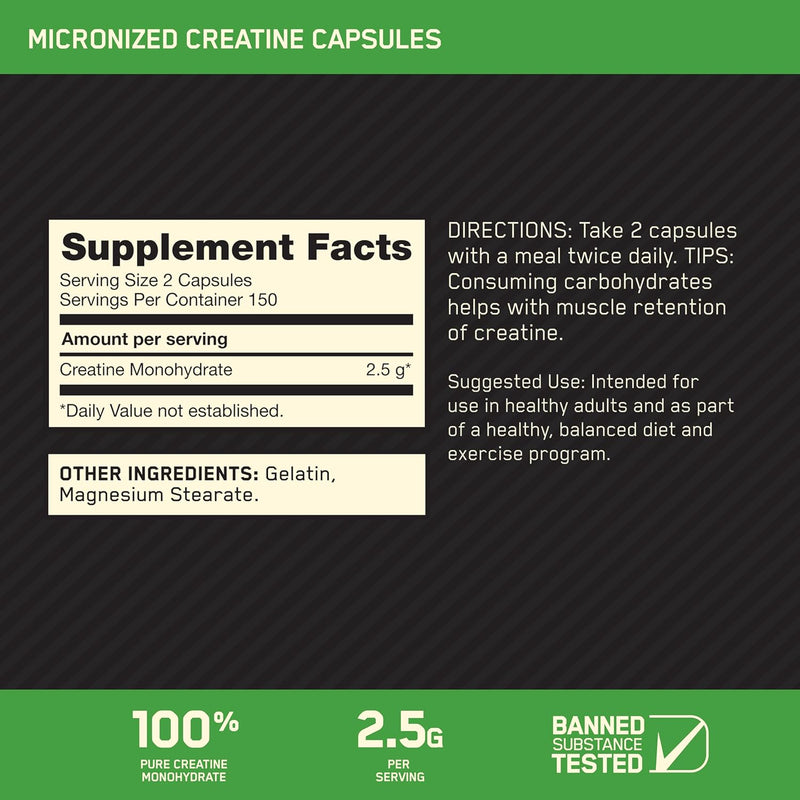 Optimum Nutrition Micronized Creatine Monohydrate Capsules, Keto Friendly, 2500mg, 300 Capsules