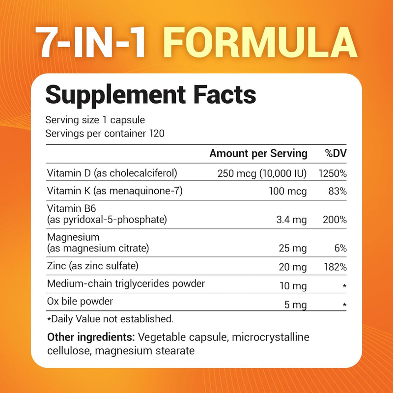 High-potency 2-in-1 formula with naturally derived D3 and K2 for optimal absorption. Supports bone, heart, and immune health. 4X lab-tested for purity and quality.