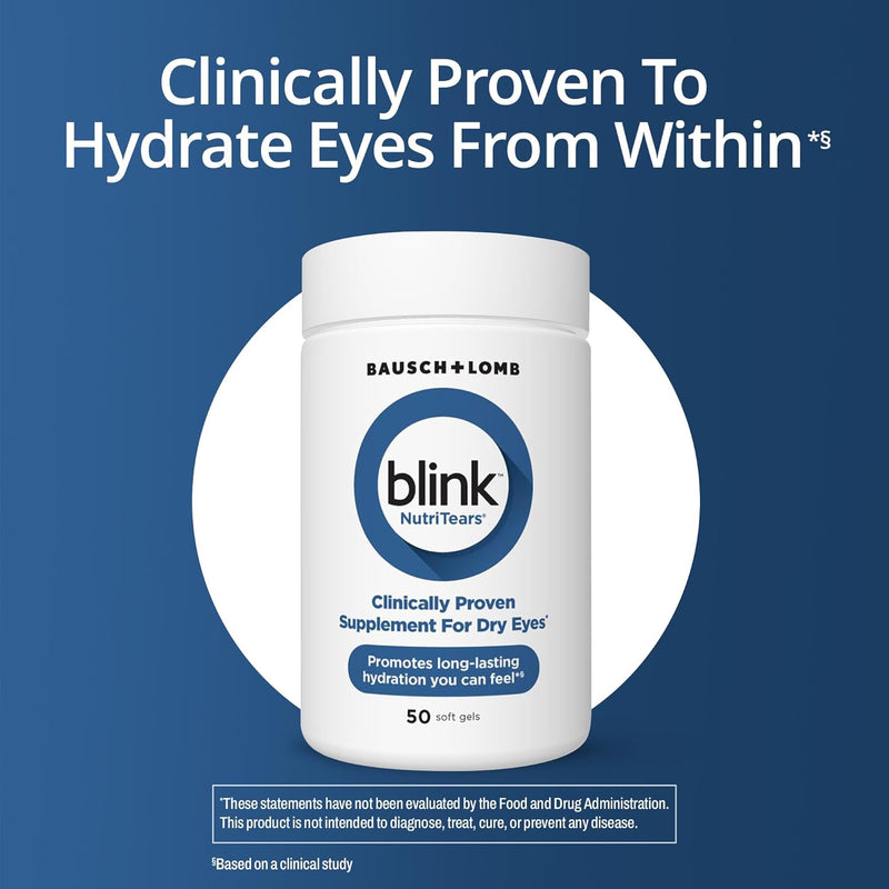Blink NutriTears Clinically Proven Supplement for Dry Eyes, Eye Care with Lutein & Zeaxanthin and Vitamin D to Hydrate Eyes from Within for Long-Lasting Relief, 50 Softgels