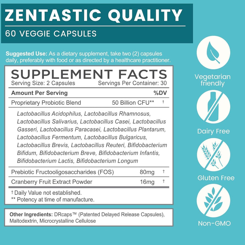 Zentastic Probiotics & Prebiotics – 50 Billion CFU, 16 Strains, Digestive & Immune Support, Shelf-Stable, 60 Veggie Capsules