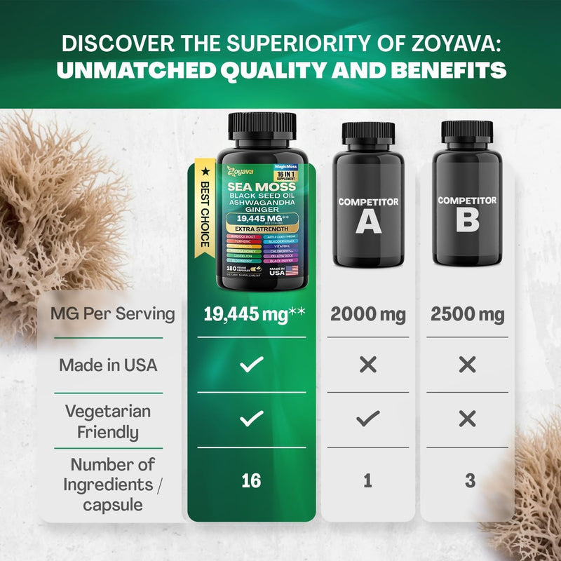Sea Moss 7000mg Black Seed Oil 4000mg Ashwagandha 2000mg Turmeric 2000mg Bladderwrack 2000mg Burdock 2000mg & Ginger Vitamin C Vitamin D3 with Elderberry Manuka Dandelion
