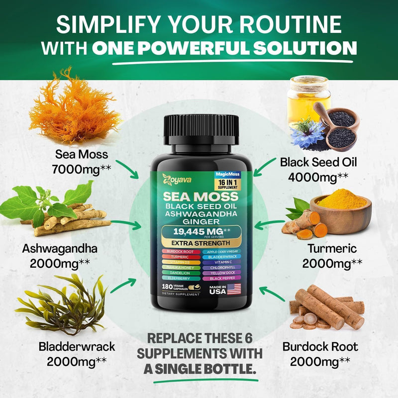 Sea Moss 7000mg Black Seed Oil 4000mg Ashwagandha 2000mg Turmeric 2000mg Bladderwrack 2000mg Burdock 2000mg & Ginger Vitamin C Vitamin D3 with Elderberry Manuka Dandelion