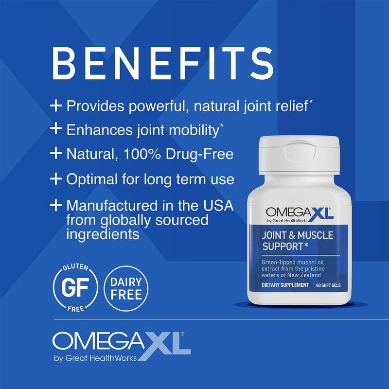 OmegaXL Joint Support – Green Lipped Mussel Oil Softgels for Muscle & Joint Relief, Drug-Free, 60 Count