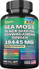 Sea Moss 7000mg Black Seed Oil 4000mg Ashwagandha 2000mg Turmeric 2000mg Bladderwrack 2000mg Burdock 2000mg & Ginger Vitamin C Vitamin D3 with Elderberry Manuka Dandelion