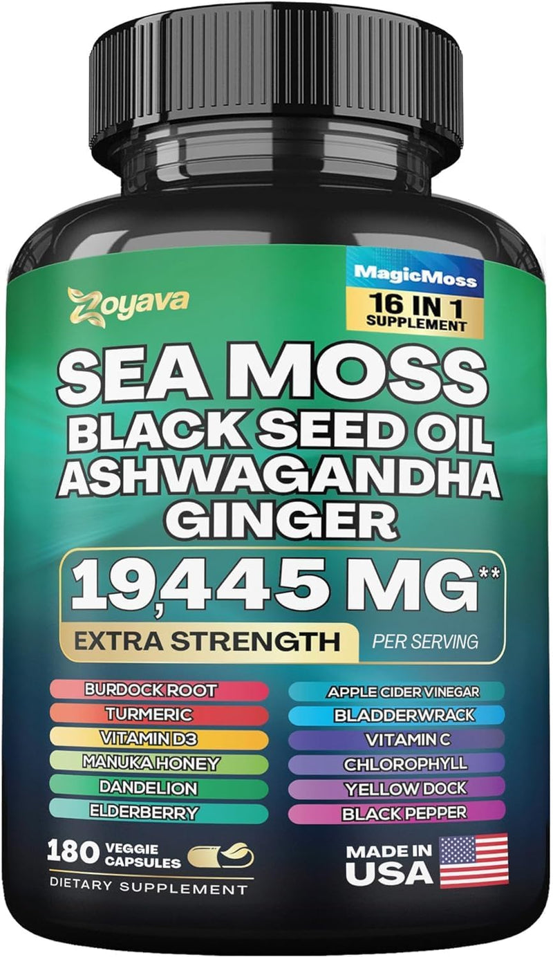 Sea Moss 7000mg Black Seed Oil 4000mg Ashwagandha 2000mg Turmeric 2000mg Bladderwrack 2000mg Burdock 2000mg & Ginger Vitamin C Vitamin D3 with Elderberry Manuka Dandelion