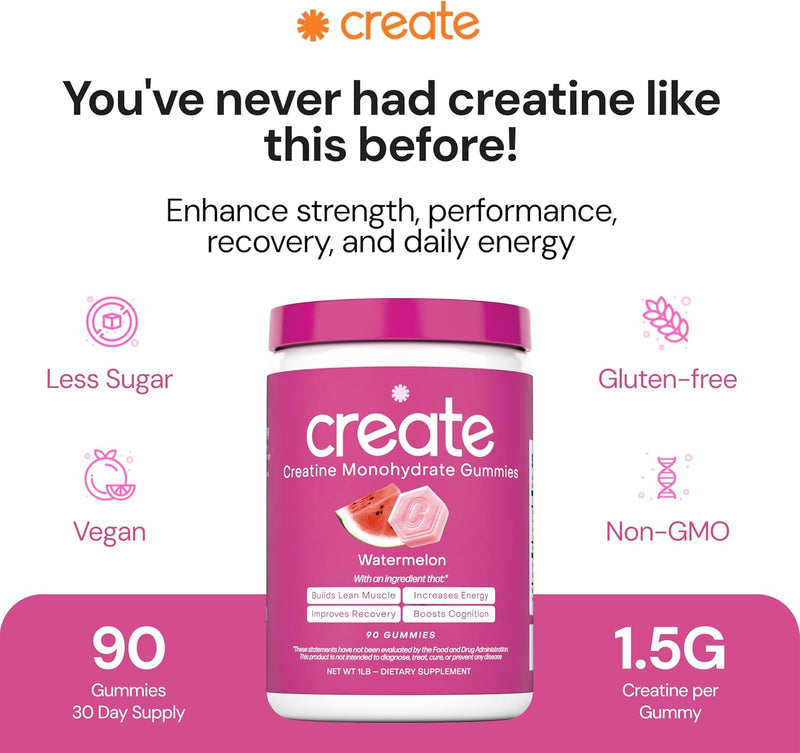 Creatine Monohydrate Gummies – Vegan, Gluten-Free, Non-GMO supplement boosting strength, focus, endurance; 1.5g creatine per gummy, watermelon flavor, 90 count