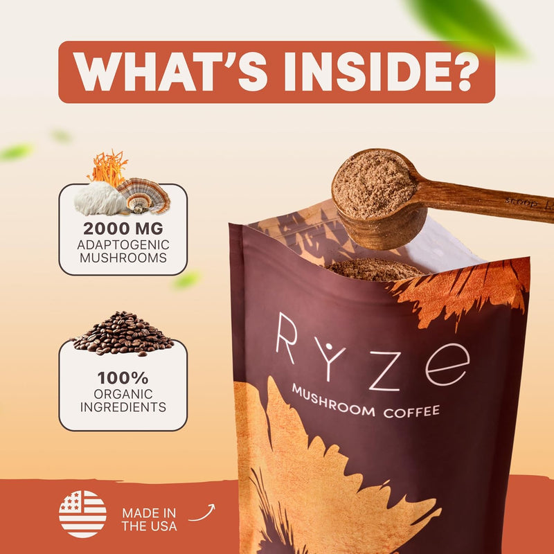 RYZE Mushroom Coffee – USDA Organic Instant Coffee with 6 Adaptogenic Mushrooms, MCT Oil, Lion’s Mane & Turkey Tail (30 Servings)
