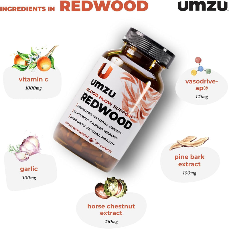 UMZU Redwood – Blood Flow & Nitric Oxide Support for Circulation, Energy & Stamina, 30-Day Supply (180 Capsules)