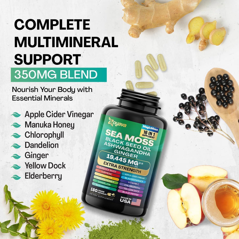 Sea Moss 7000mg Black Seed Oil 4000mg Ashwagandha 2000mg Turmeric 2000mg Bladderwrack 2000mg Burdock 2000mg & Ginger Vitamin C Vitamin D3 with Elderberry Manuka Dandelion