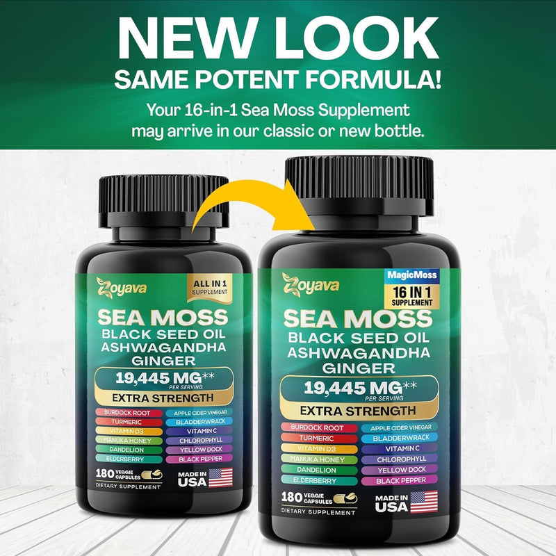 Sea Moss 7000mg Black Seed Oil 4000mg Ashwagandha 2000mg Turmeric 2000mg Bladderwrack 2000mg Burdock 2000mg & Ginger Vitamin C Vitamin D3 with Elderberry Manuka Dandelion