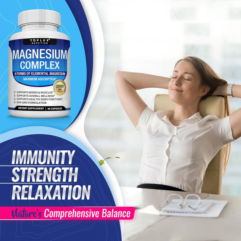 Magnesium Complex Supplement 8 Elemental 1000mg - Magnesium Glycinate, Citrate, Malate, Taurate, Chelated for Easy Absorption for Bones, Muscle, Recovery, Energy, Vegan Non-GMO 90 Capsules