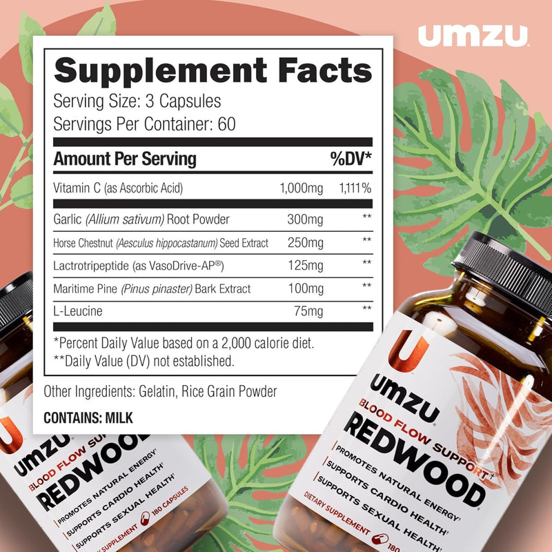 UMZU Redwood – Blood Flow & Nitric Oxide Support for Circulation, Energy & Stamina, 30-Day Supply (180 Capsules)