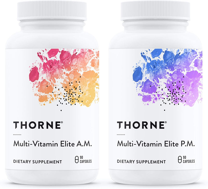 Thorne Multi-Vitamin Elite AM & PM + Amino Complex Bundle – Energy & Performance Support, Gluten/Dairy/Soy-Free, 180 Capsules & 8oz