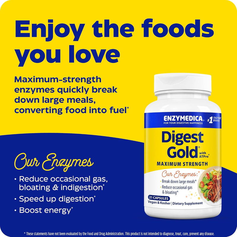 Enzymedica Digest Gold + ATPro, Maximum Strength Enzyme Formula, Prevents Bloating and Gas, 14 Key Enzymes Including Amylase, Protease, Lipase and Lactase, 21 Capsules (FFP)