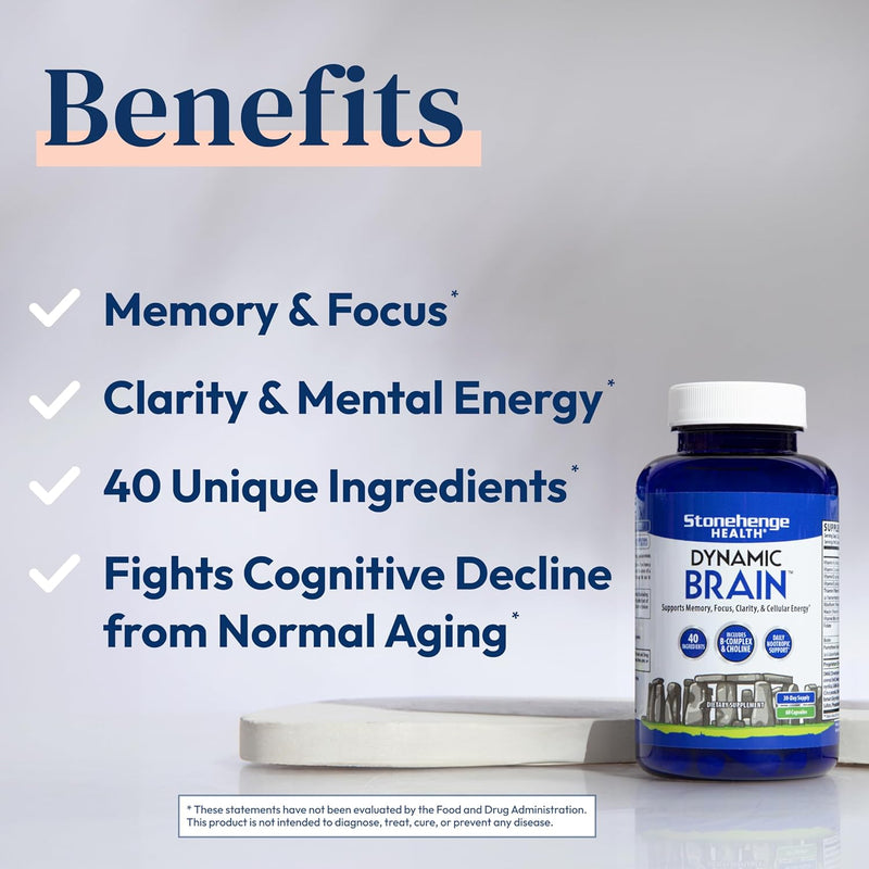 Stonehenge Health Dynamic Brain – Memory, Focus & Clarity with 40 Nootropics, Choline, Bacopa & Huperzine A