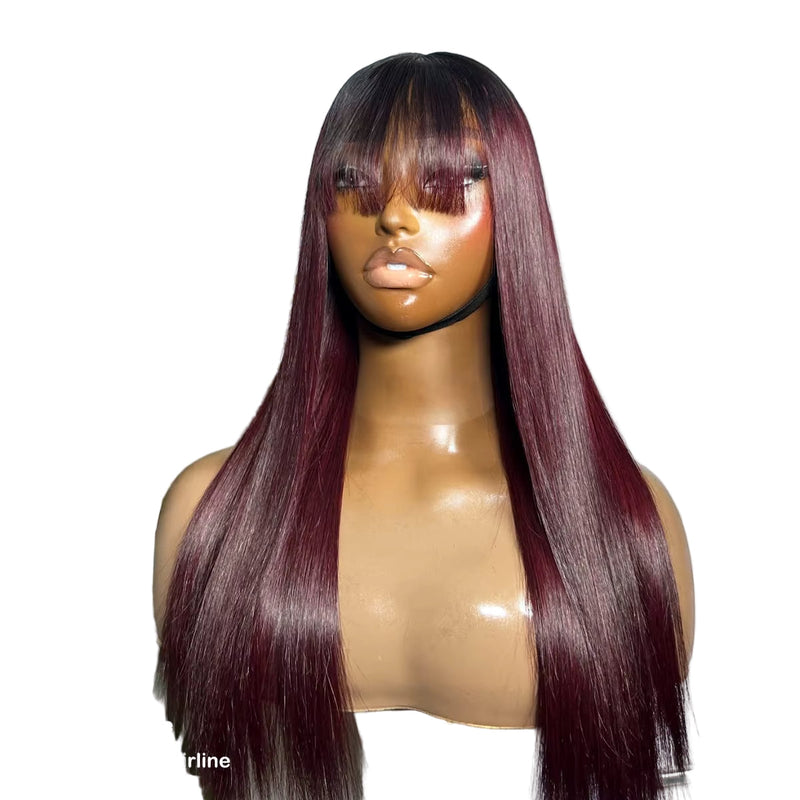 Blonde Red Piano Color Brazilian Straight Human Hair Wigs With Bangs 200% Density Full Machine Made Human Hair Wig