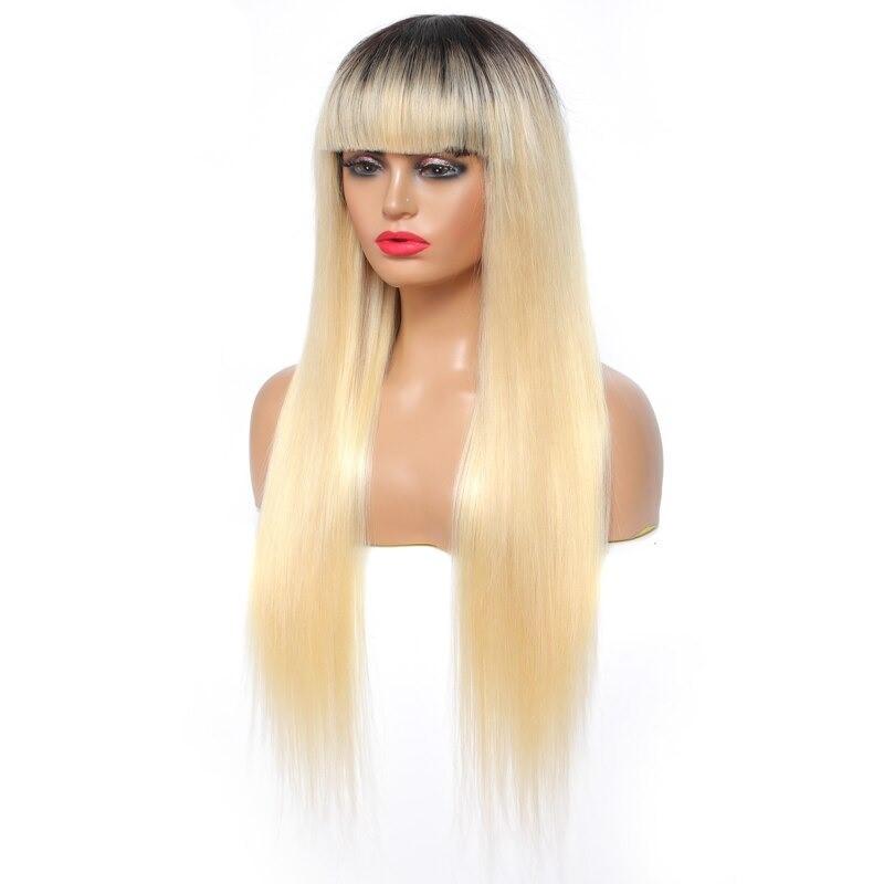 Blonde Red Piano Color Brazilian Straight Human Hair Wigs With Bangs 200% Density Full Machine Made Human Hair Wig