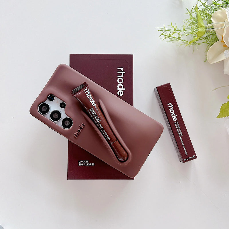 Rhode Lipstick Phone Case For Samsung Galaxy S25 Ultra S24 FE S23 Plus A14 A15 A54 Lip Glass Holder Silicone Shockproof Cover