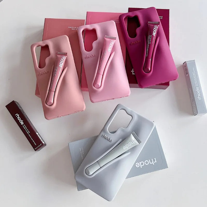 Rhode Lipstick Phone Case For Samsung Galaxy S25 Ultra S24 FE S23 Plus A14 A15 A54 Lip Glass Holder Silicone Shockproof Cover
