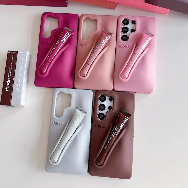 Rhode Lipstick Phone Case For Samsung Galaxy S25 Ultra S24 FE S23 Plus A14 A15 A54 Lip Glass Holder Silicone Shockproof Cover