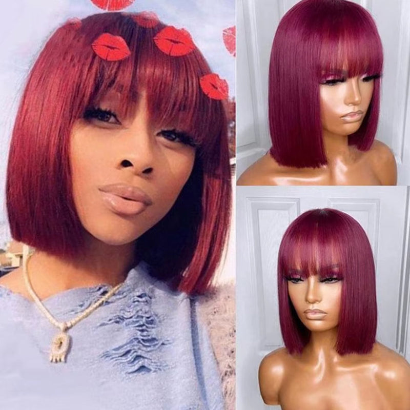 #613 Brazilian 99J Burgundy Short Bob Remy Straight Human Hair Wigs