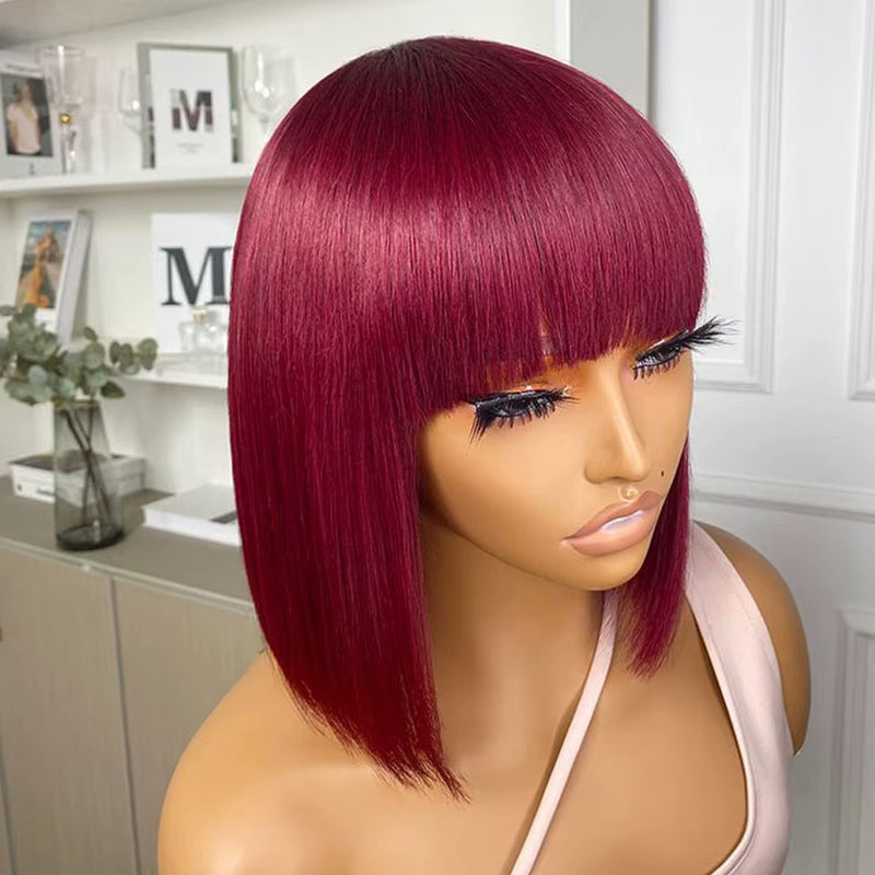 #613 Brazilian 99J Burgundy Short Bob Remy Straight Human Hair Wigs