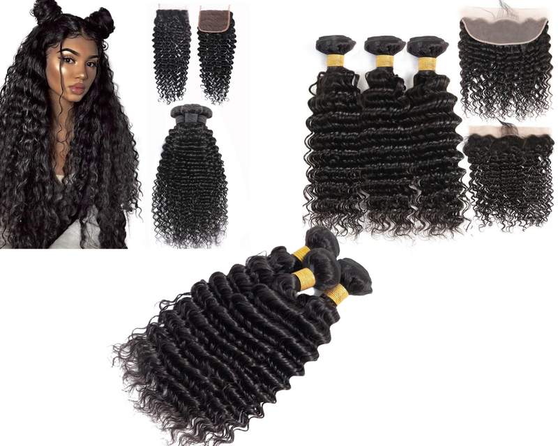 10A Grade 3/4 Deep Wave Human Hair bundles with 4x4 Closures & 13x4 Fr