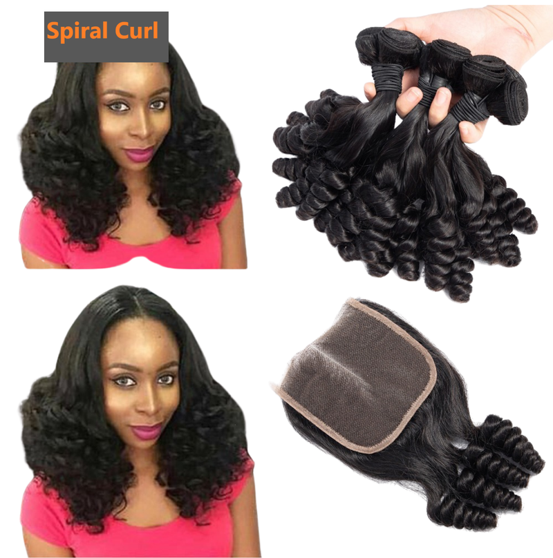 10A Grade Brazilian 3/4 Spiral Curl Human Hair bundles with 4x4 Closur