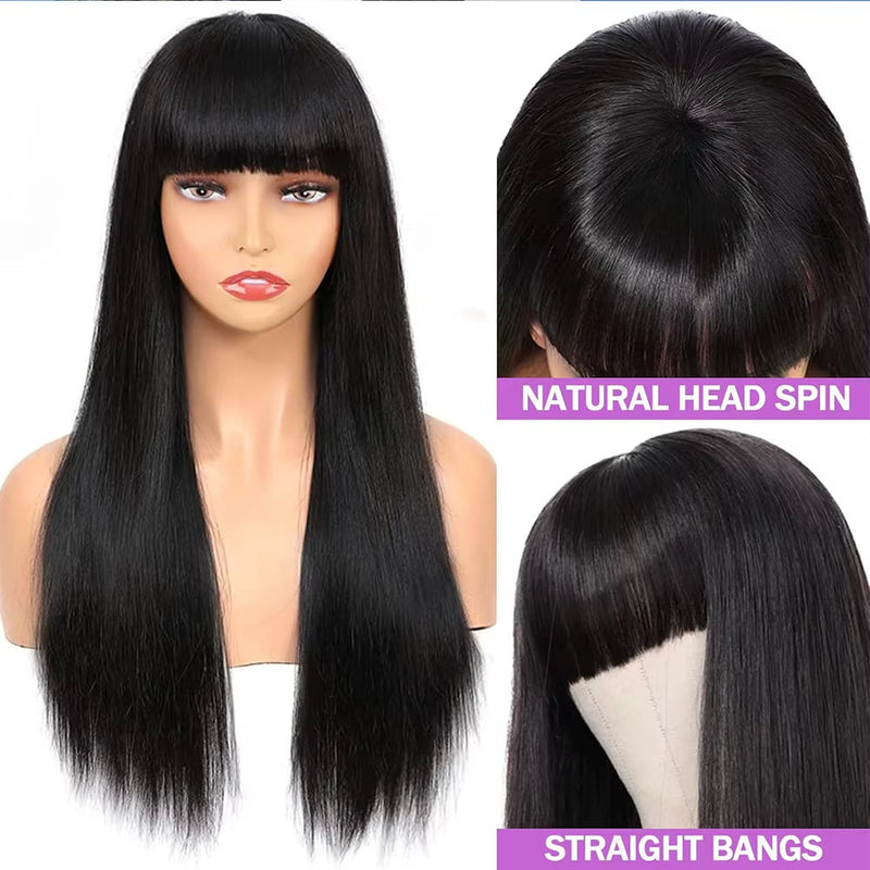 Blonde Red Piano Color Brazilian Straight Human Hair Wigs With Bangs 200% Density Full Machine Made Human Hair Wig