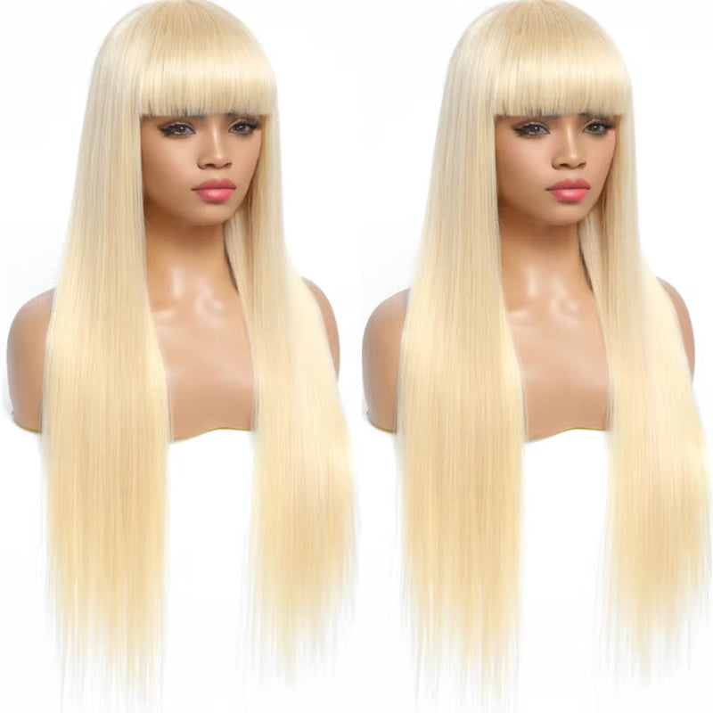Blonde Red Piano Color Brazilian Straight Human Hair Wigs With Bangs 200% Density Full Machine Made Human Hair Wig