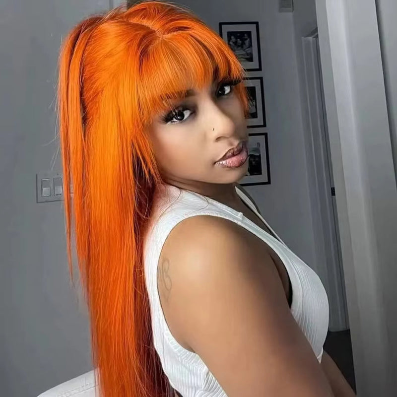 Blonde Red Piano Color Brazilian Straight Human Hair Wigs With Bangs 200% Density Full Machine Made Human Hair Wig