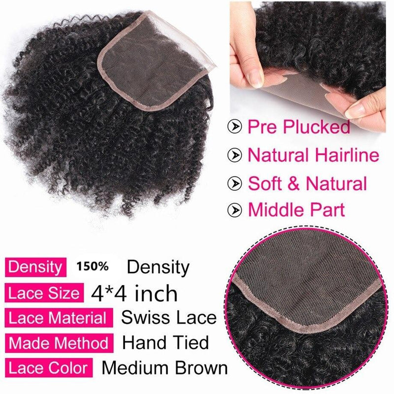 10A Grade Afro Kinky Curly 4x4 Brazilian 5x5 Lace 6x6 Closure Remy Hum
