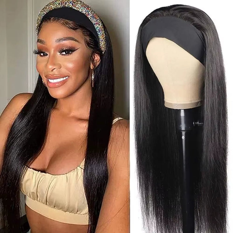 Headband Wig Straight Human Hair Scarf Wig No GLUE Easy Wear for Women