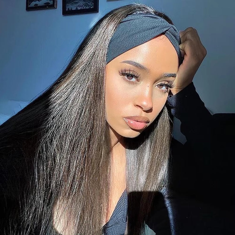 Headband Wig Straight Human Hair Scarf Wig No GLUE Easy Wear for Women