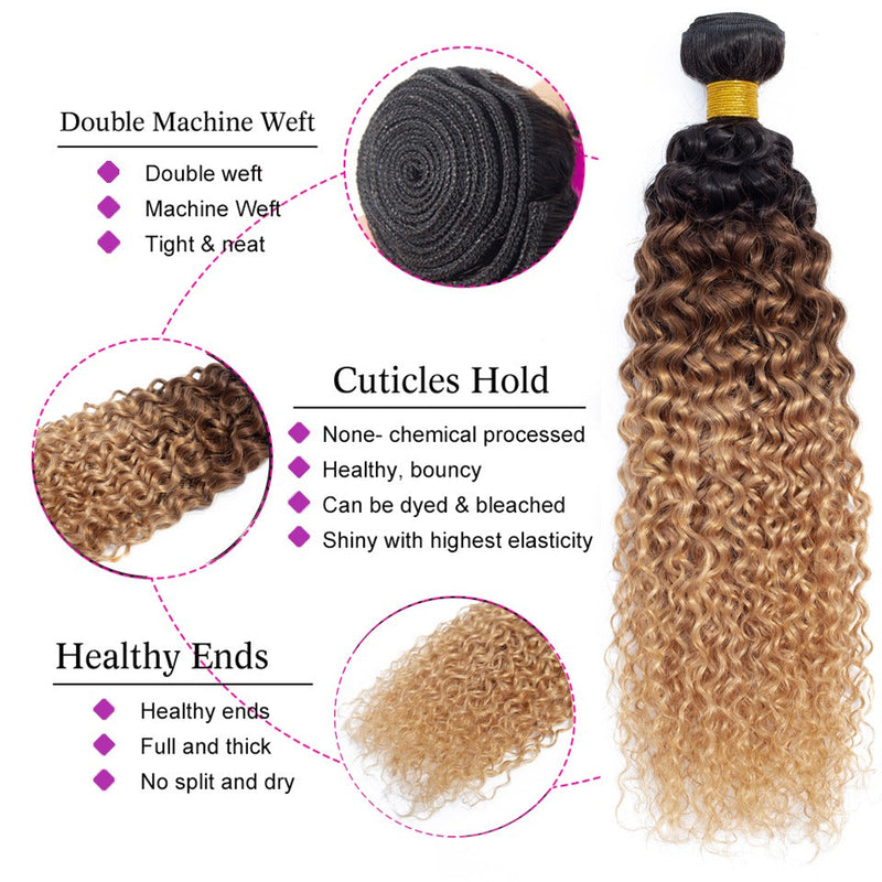 10A Grade Ombre #27 Kinky Curly #1B/4/27 BUNDLES with 4x4 CLOSURES & 1