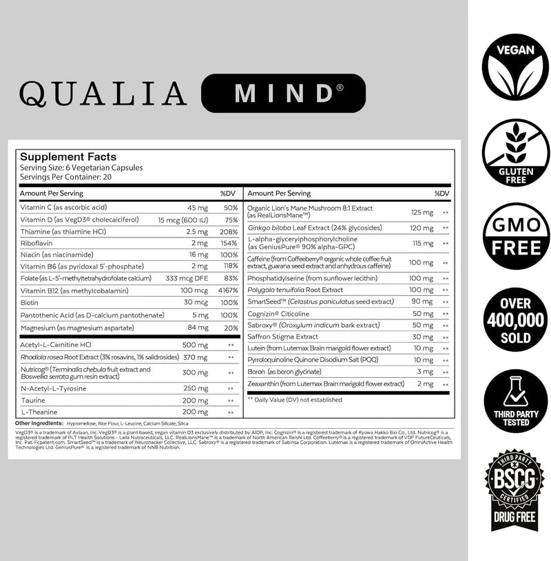 Authentic Qualia Mind Supplement Blend for Brain Health 120 Capsules Exp:6/2027