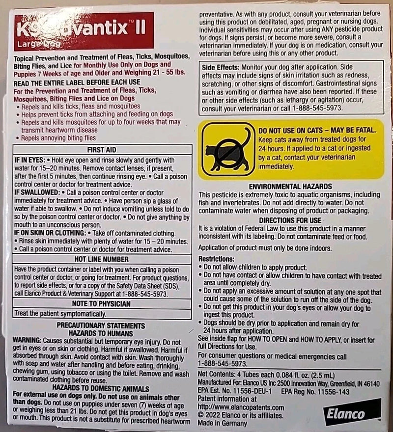 Elanco K9 Advantix II For LARGE DOGS 21-55lbs 4 Monthly Doses