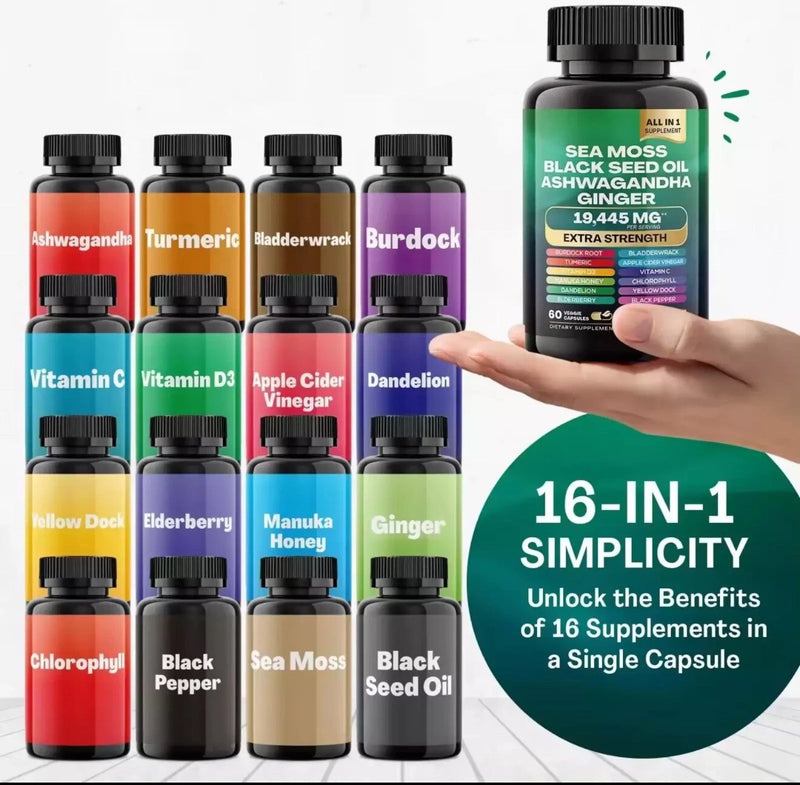 Sea Moss, Black Seed Oil, Ashwagandha, Turmeric, Ginger (16 in 1 Multivitamin)