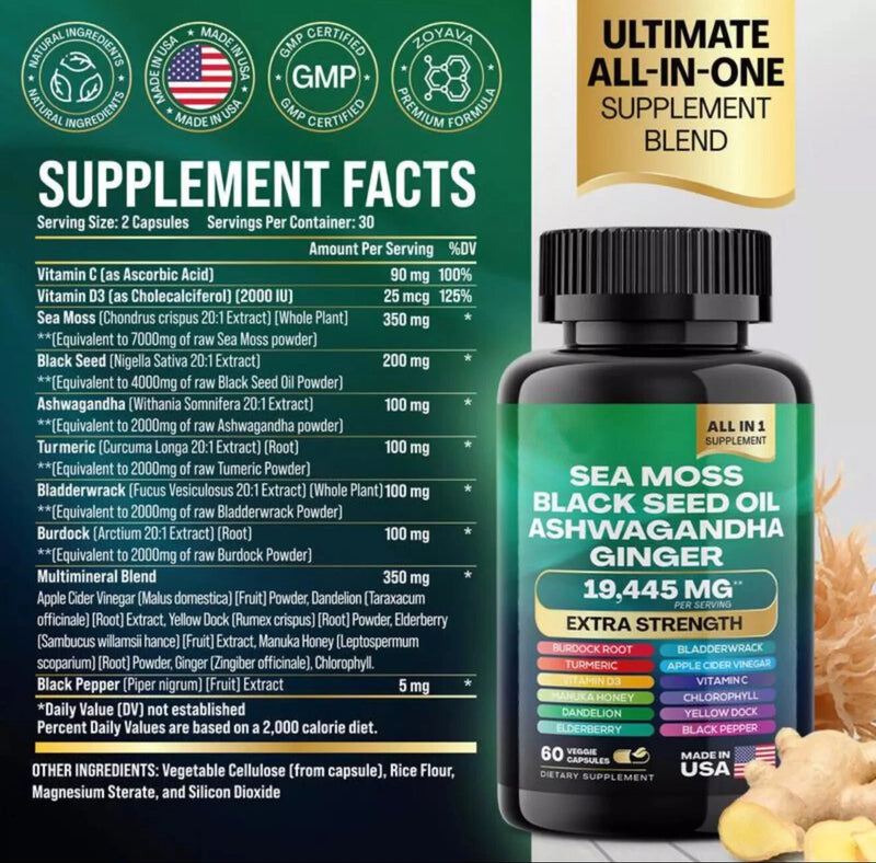 Sea Moss, Black Seed Oil, Ashwagandha, Turmeric, Ginger (16 in 1 Multivitamin)