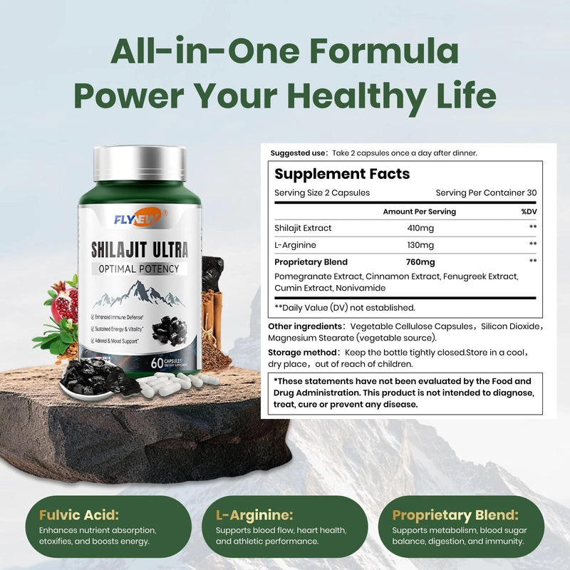 Flynew Shilajit Ultra Optimal Potency, Shilajit Extract with L-Arginine, Pure