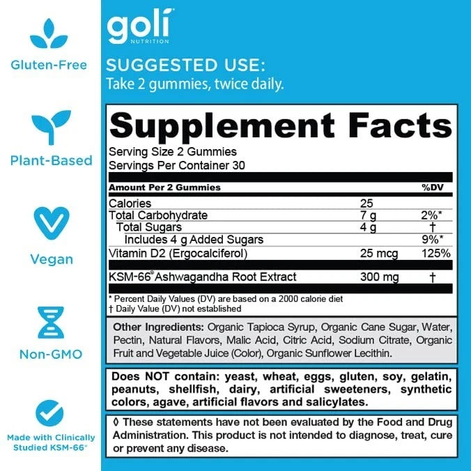 GOLI Ashwagandha Gummies - Relax, Restore, Unwind - Mixed Berry, 60 Count